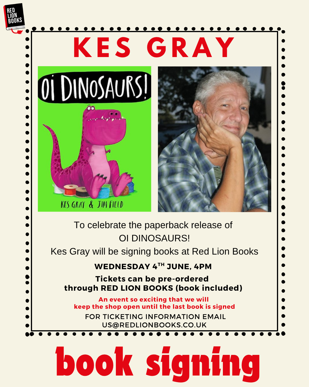 Oi Dinosaurs author Kes Gray Book Signing in Colchester